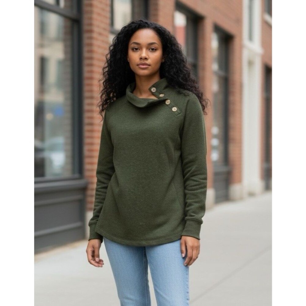 J. Crew Cloudspun Fleece Tunic Sweatshirt Button Collar Women’s Med Olive Green